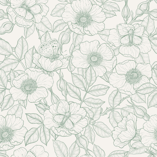 Dog rose and butterflies/Soft Green Linework Floral on Off‑White Wallpaper⁠