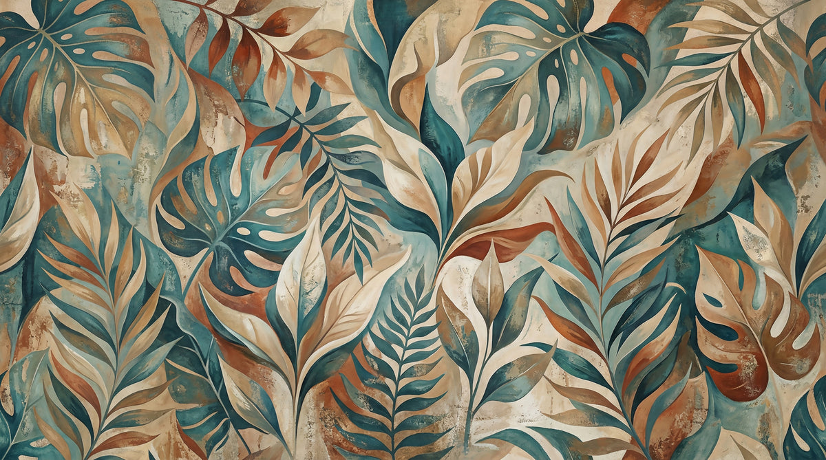 Painterly Tropical Foliage Wall Mural in your room — zoomed