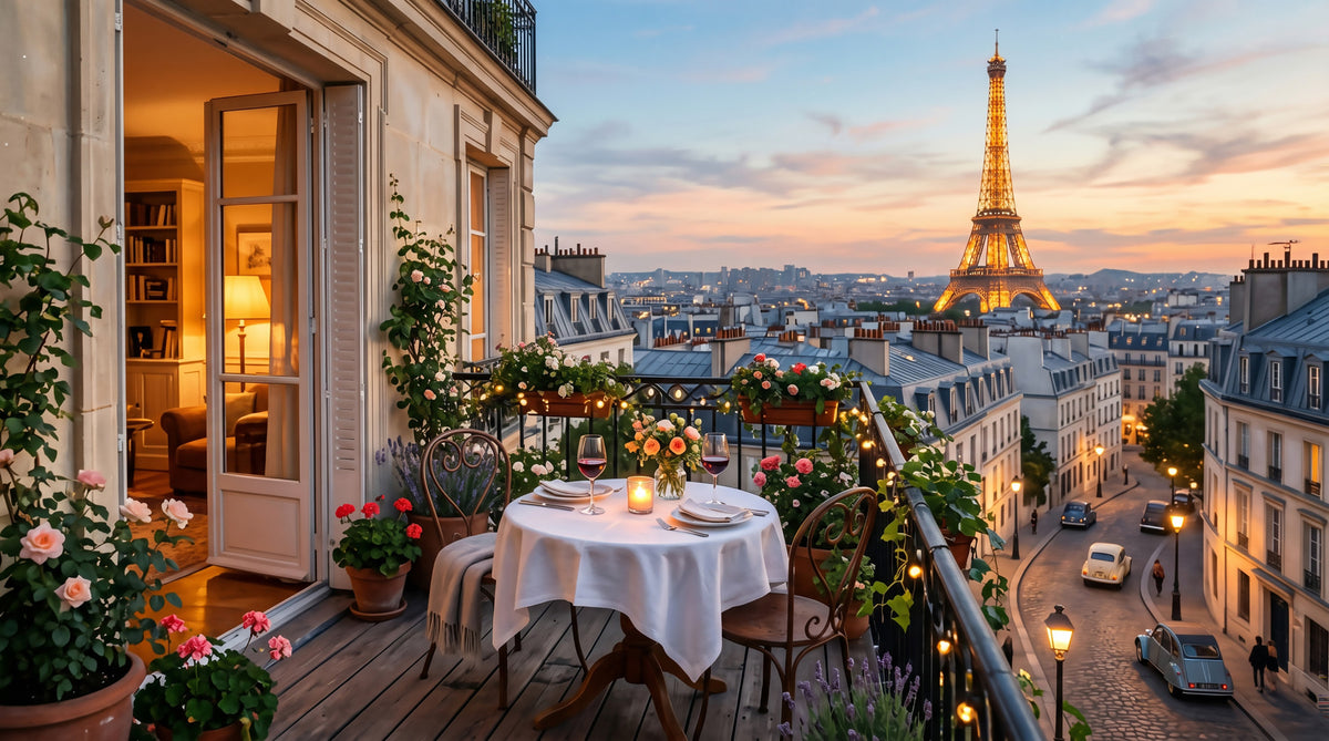 Parisian Balcony Sunset Romance Wall Mural