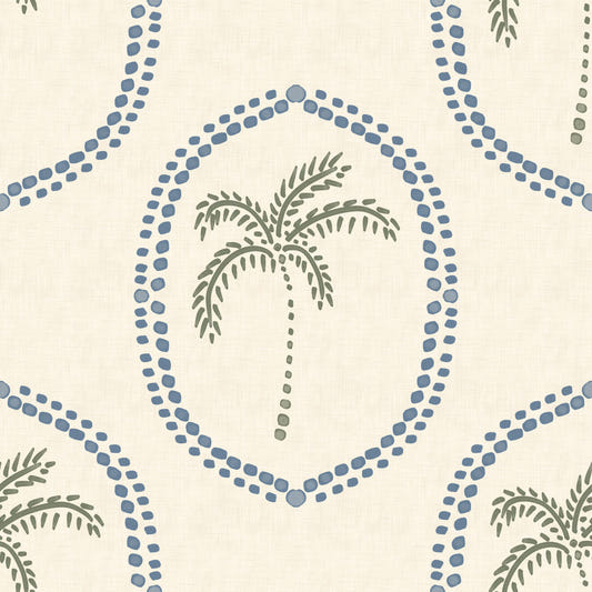 Beachy Boho Palm Oasis Slate Blue Medallion Wallpaper⁠