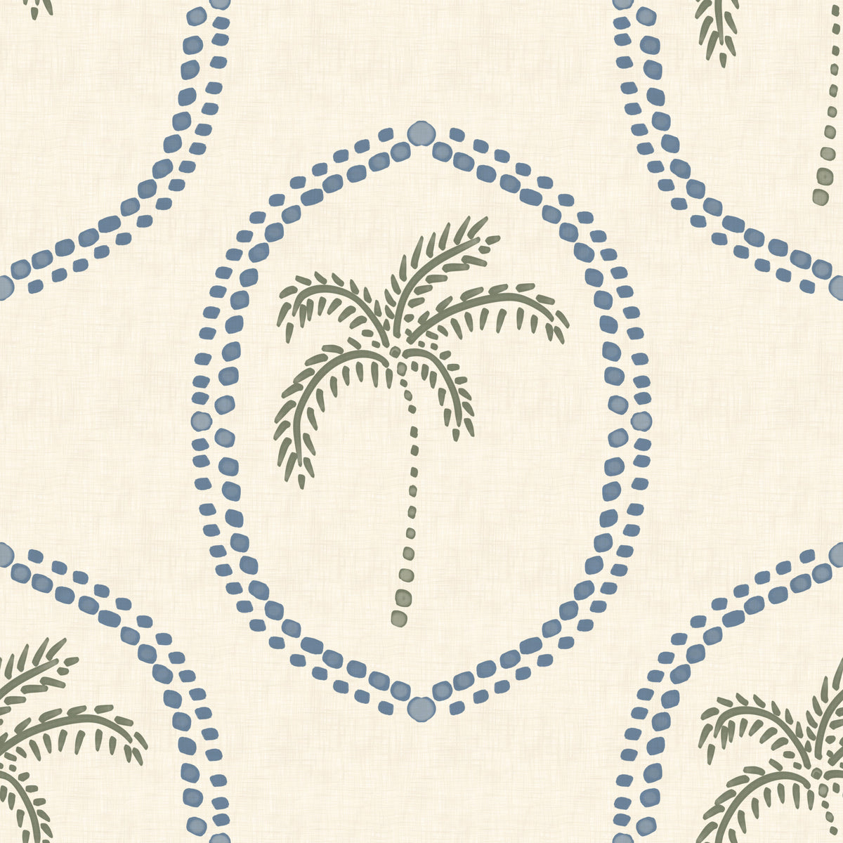 Beachy Boho Palm Oasis Slate Blue Medallion Wallpaper⁠ in your room — zoomed