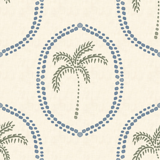 Beachy Boho Palm Oasis Slate Blue Medallion Wallpaper⁠