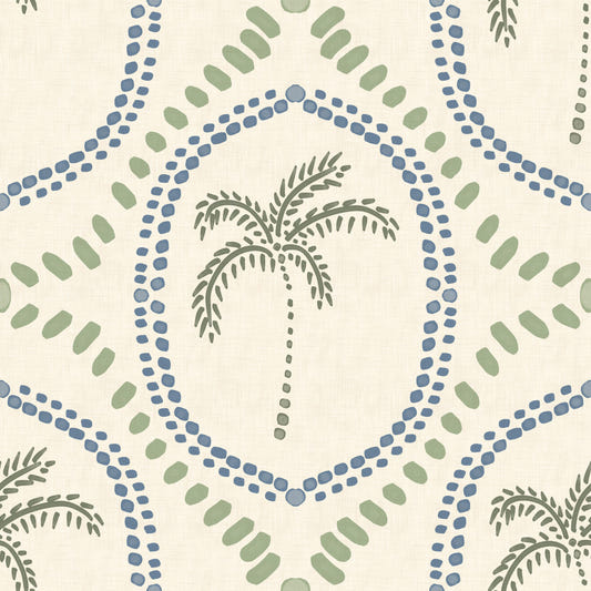Beachy Boho Palm Oasis Slate Blue & Costal Green Wallpaper⁠