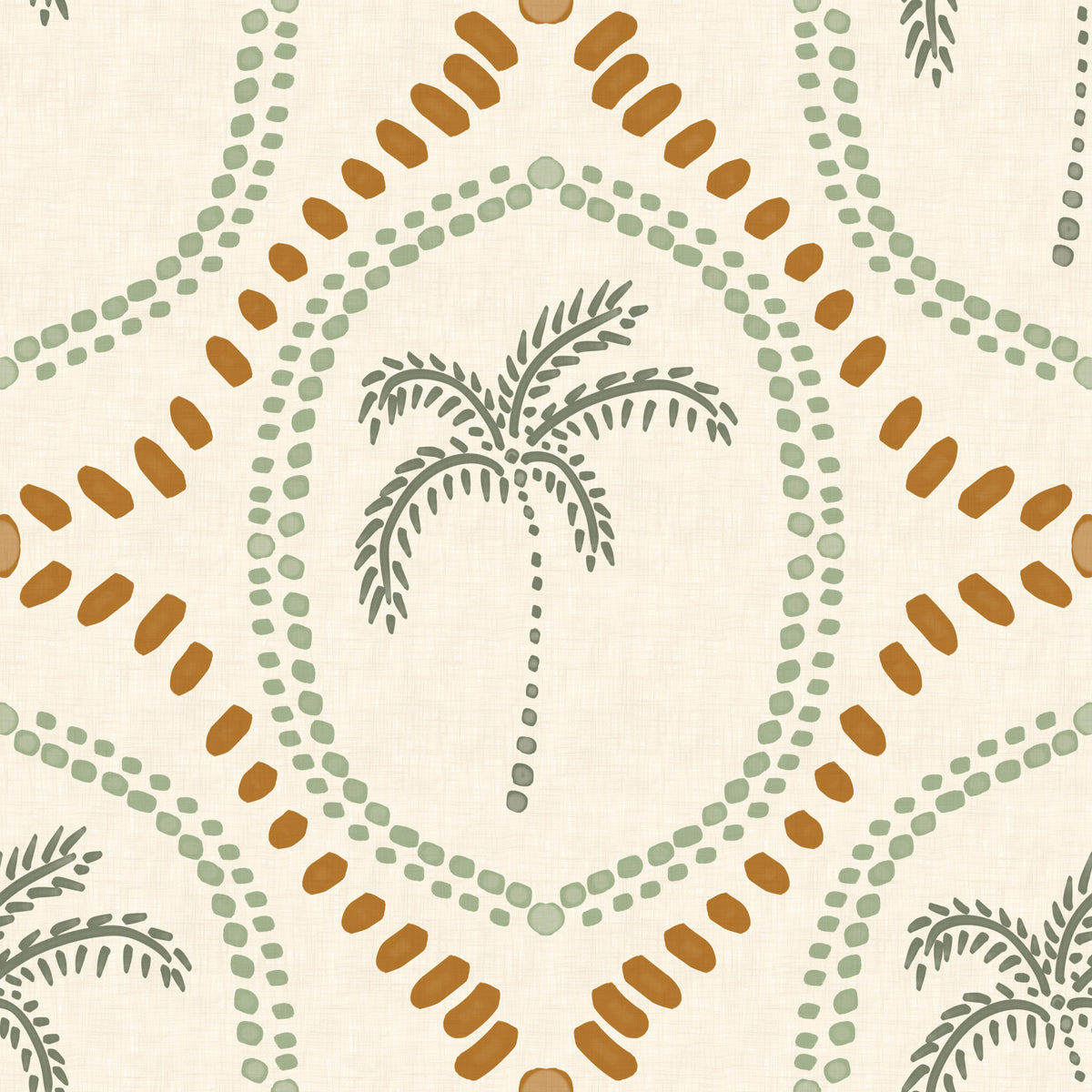 Beachy Boho Palm Oasis Costal Green & Golden Wallpaper⁠
