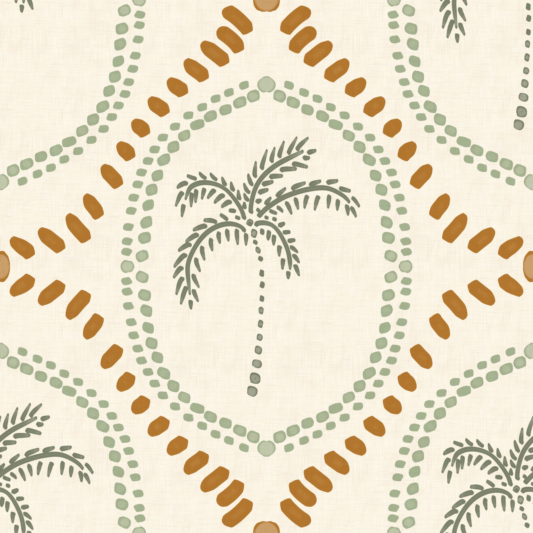 Beachy Boho Palm Oasis Costal Green & Golden Wallpaper⁠