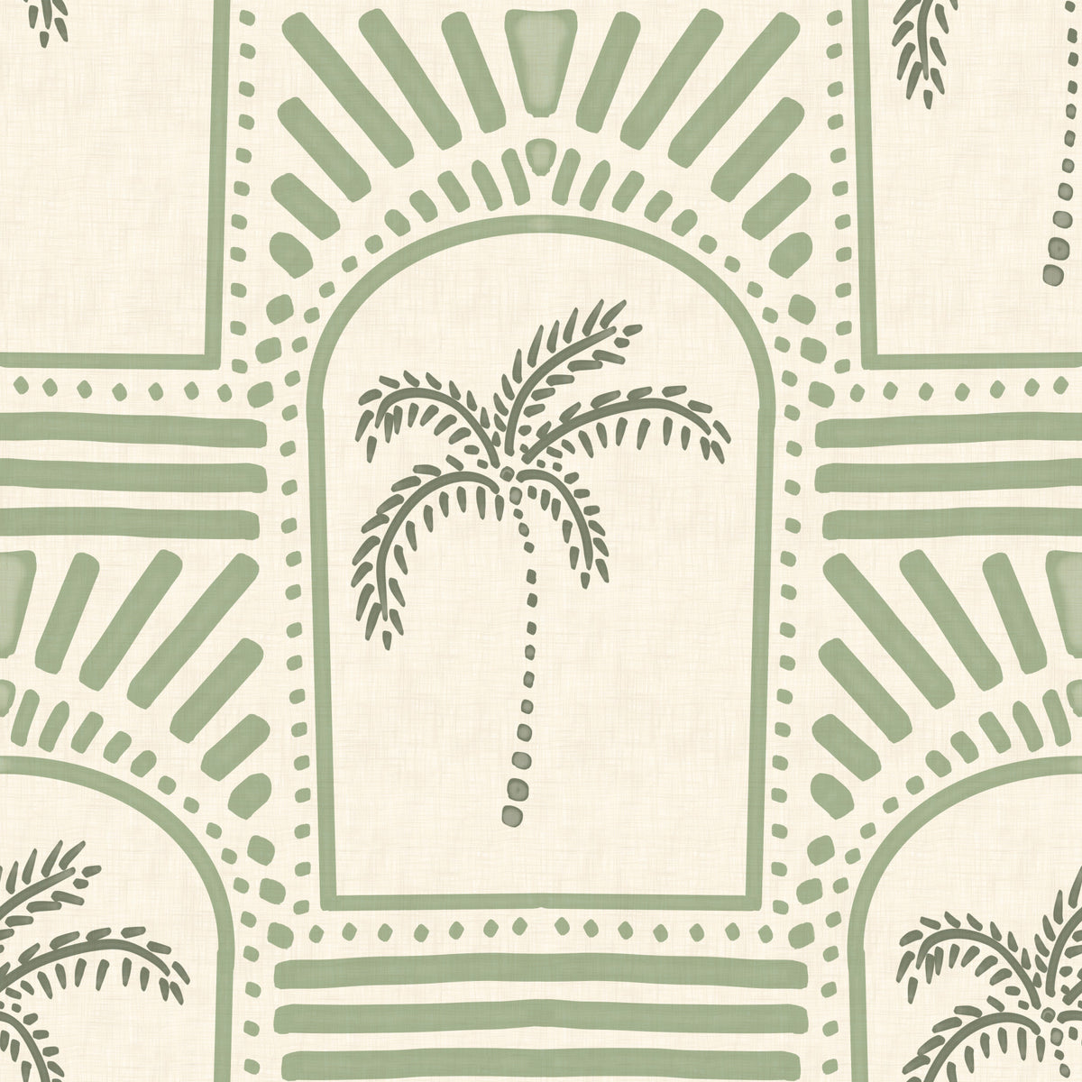 Tropical Palm Art Deco Archways Costal Green Wallpaper⁠