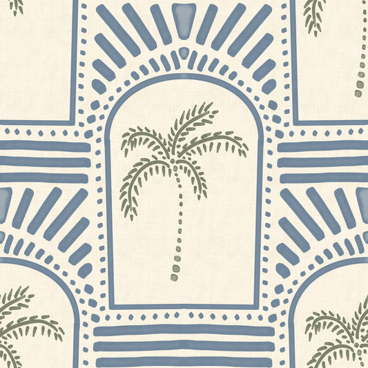 Tropical Palm Art Deco Archways Slate Blue Wallpaper⁠