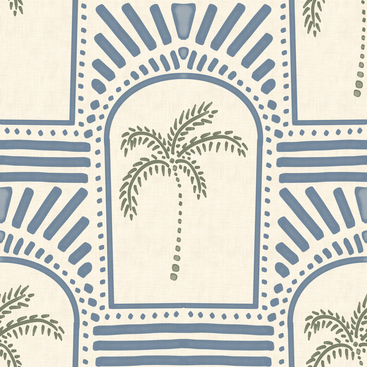 Tropical Palm Art Deco Archways Slate Blue Wallpaper⁠