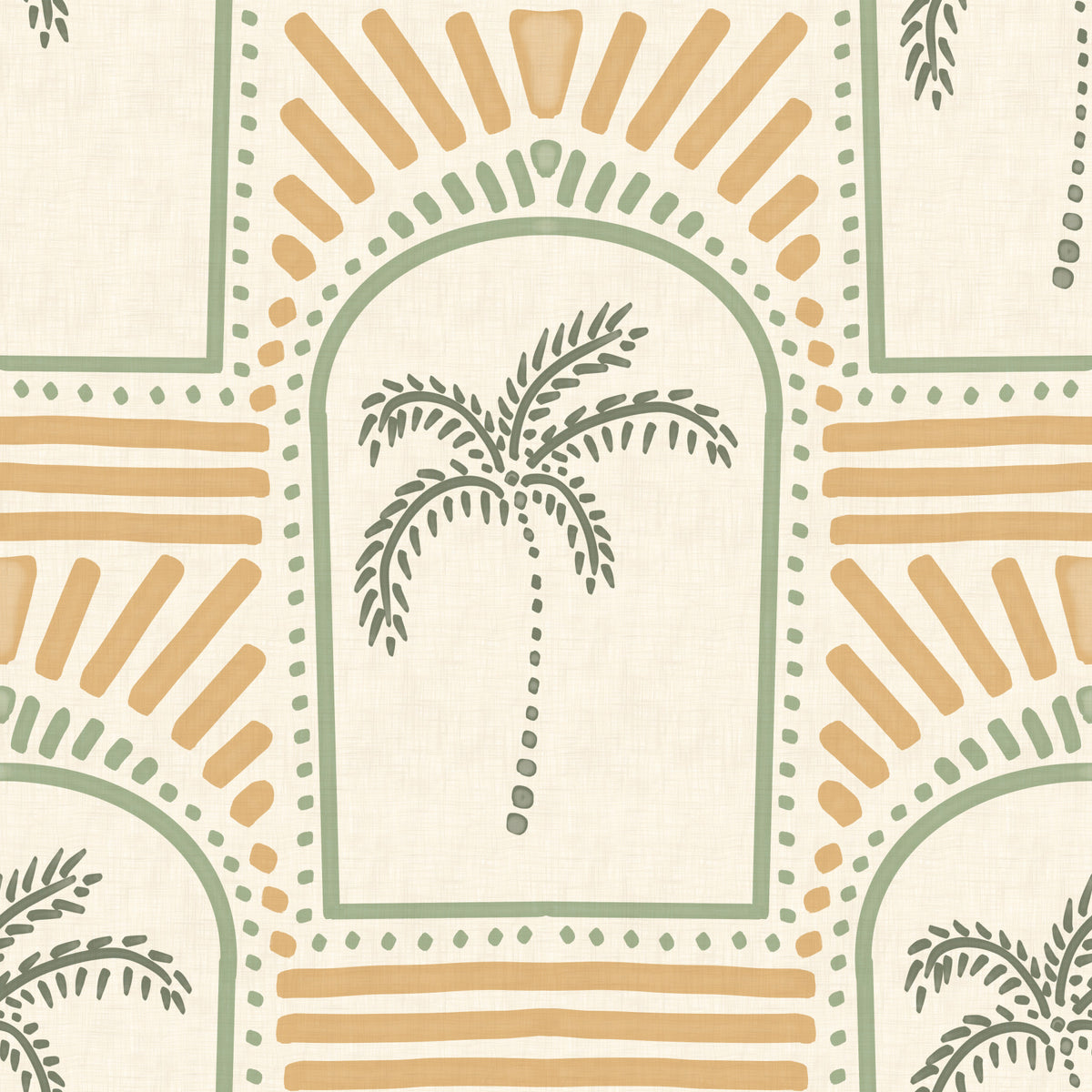 Tropical Palm Art Deco Archways Costal Green & Sand Wallpaper⁠