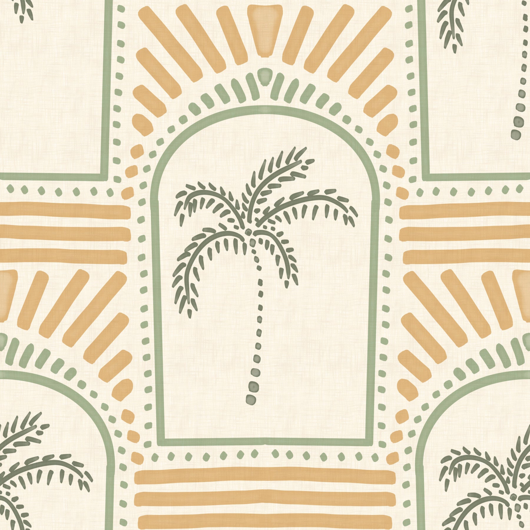 Tropical Palm Art Deco Archways Costal Green & Sand Wallpaper⁠