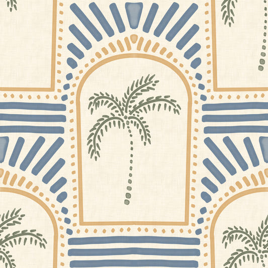 Tropical Palm Art Deco Archways Sand & Slate Blue Wallpaper⁠