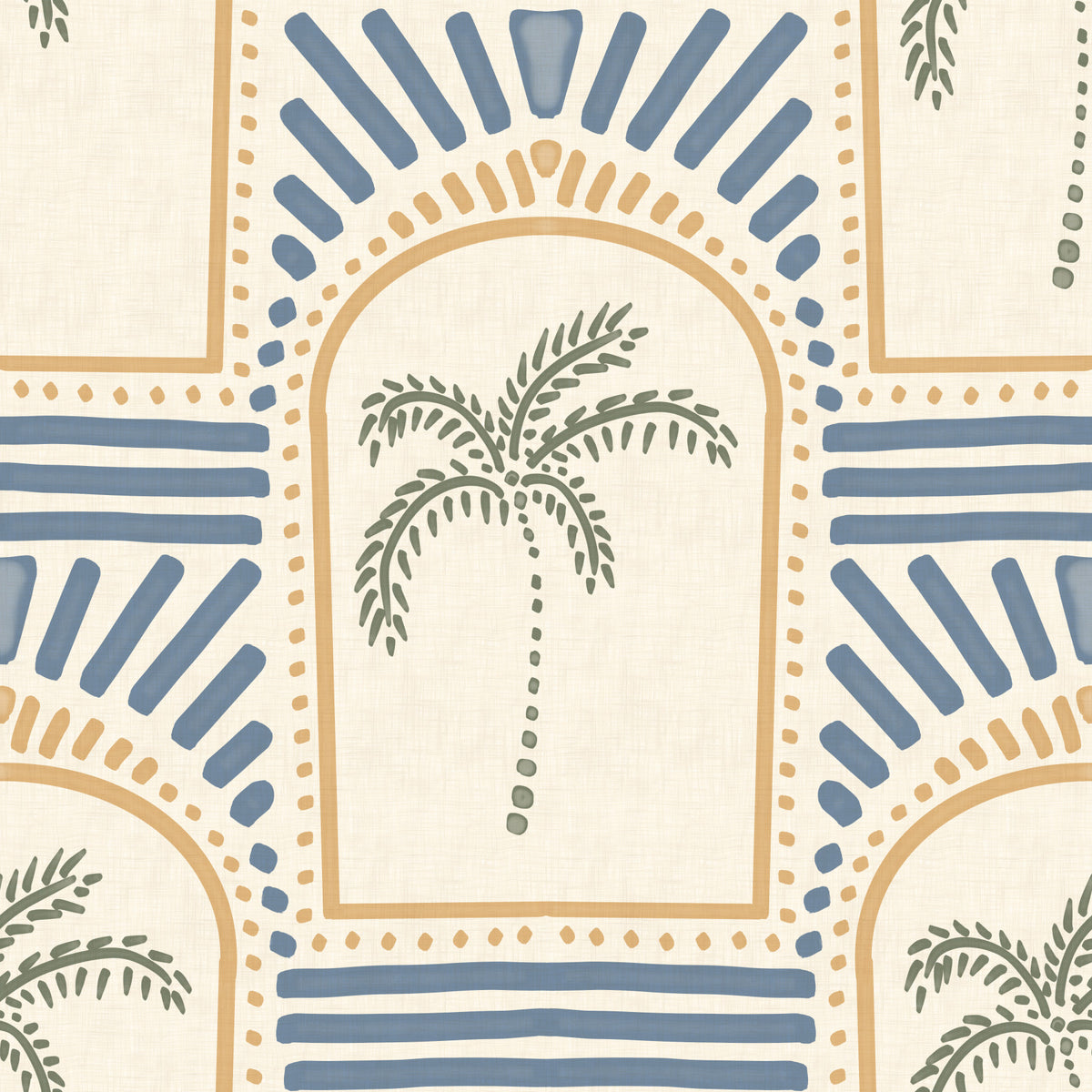 Tropical Palm Art Deco Archways Sand & Slate Blue Wallpaper⁠ in your room — zoomed