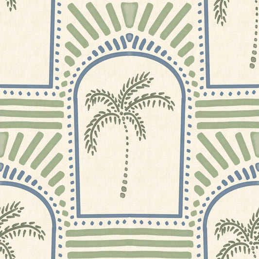Tropical Palm Art Deco Archways Slate Blue & Costal Green Wallpaper⁠