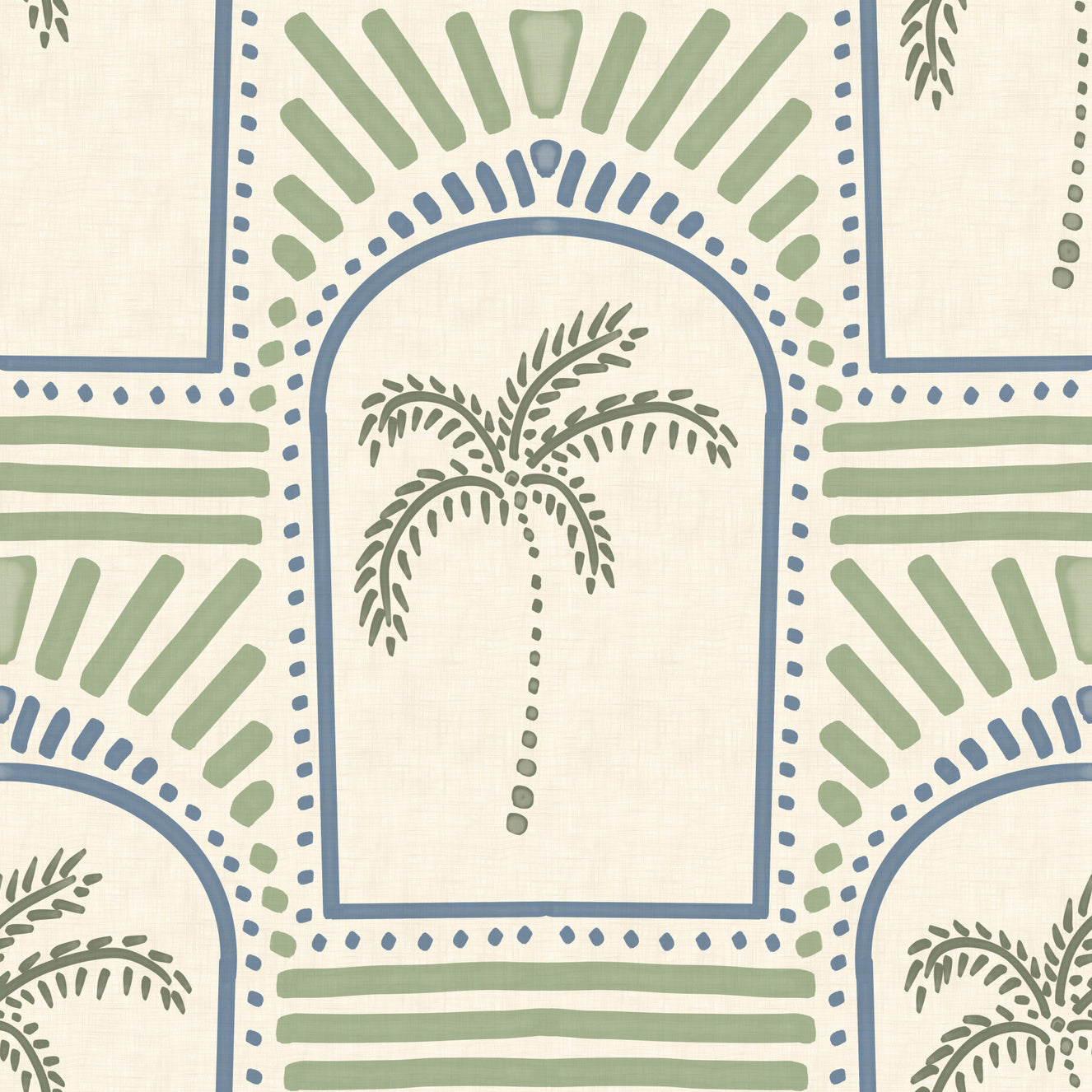 Tropical Palm Art Deco Archways Slate Blue & Costal Green Wallpaper⁠