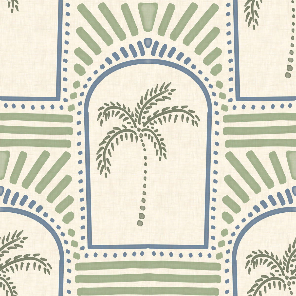 Tropical Palm Art Deco Archways Slate Blue & Costal Green Wallpaper⁠