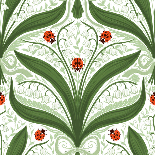 Lily of the valley and ladybugs symmetry in green, white and red Wallpaper⁠
