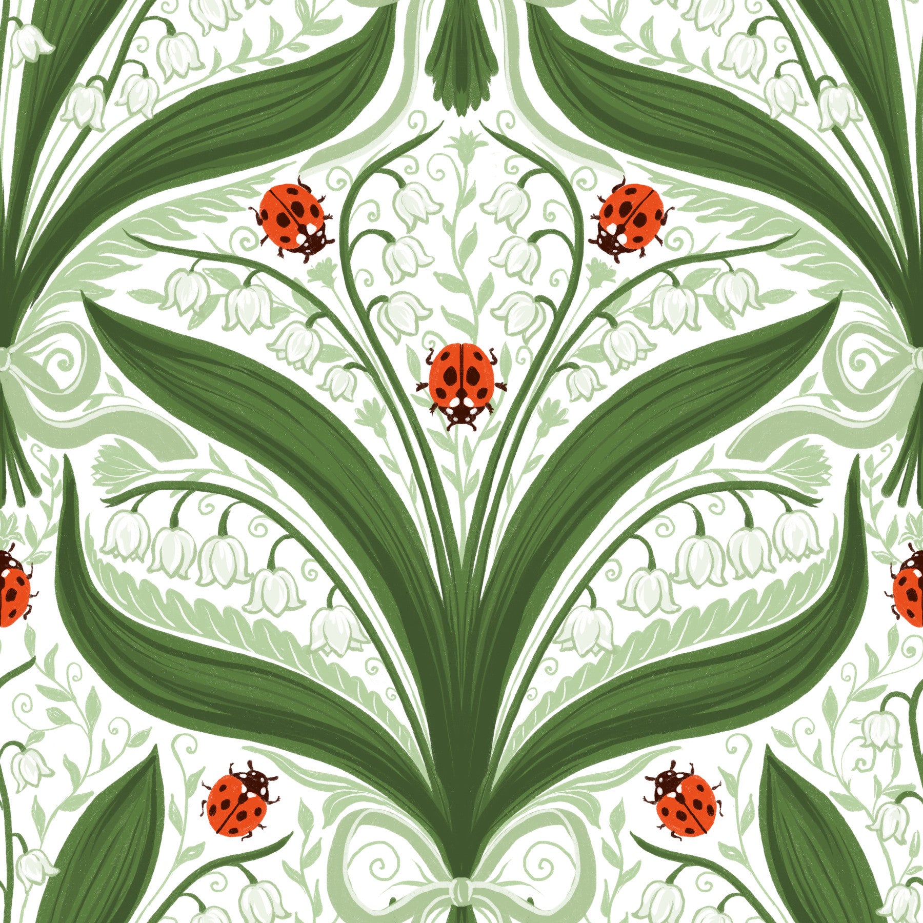 Lily of the valley and ladybugs symmetry in green, white and red Wallpaper⁠