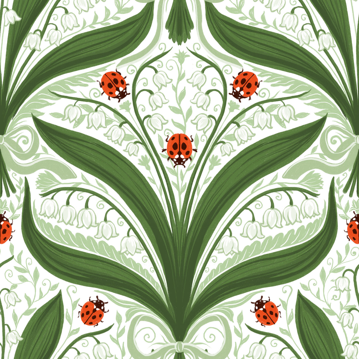 Lily of the valley and ladybugs symmetry in green, white and red Wallpaper⁠ in your room — zoomed
