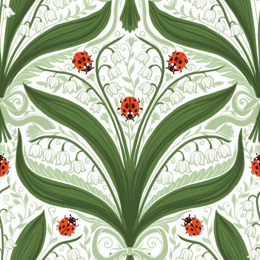 Lily of the valley and ladybugs symmetry in green, white and red Wallpaper⁠