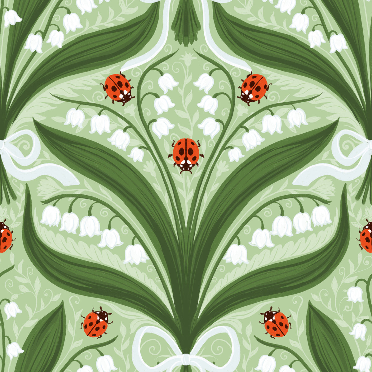 Lily of the valley and ladybugs symmetry in green, white and red 2 Wallpaper⁠ in your room — zoomed