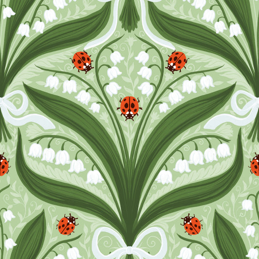 Lily of the valley and ladybugs symmetry in green, white and red 2 Wallpaper⁠