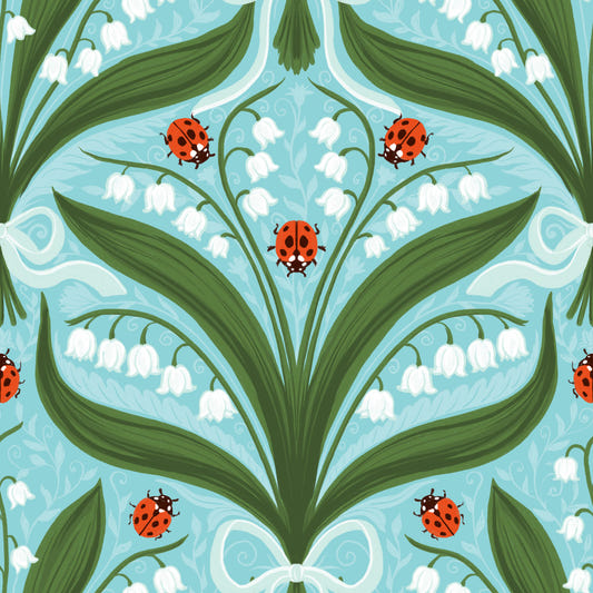Lily of the valley and ladybugs symmetry in green, white and red 3 Wallpaper⁠