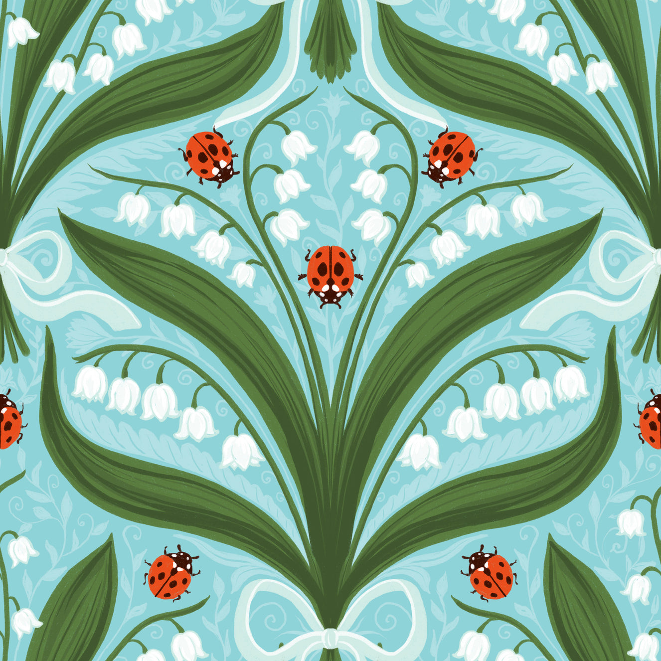Lily of the valley and ladybugs symmetry in green, white and red 3 Wallpaper⁠