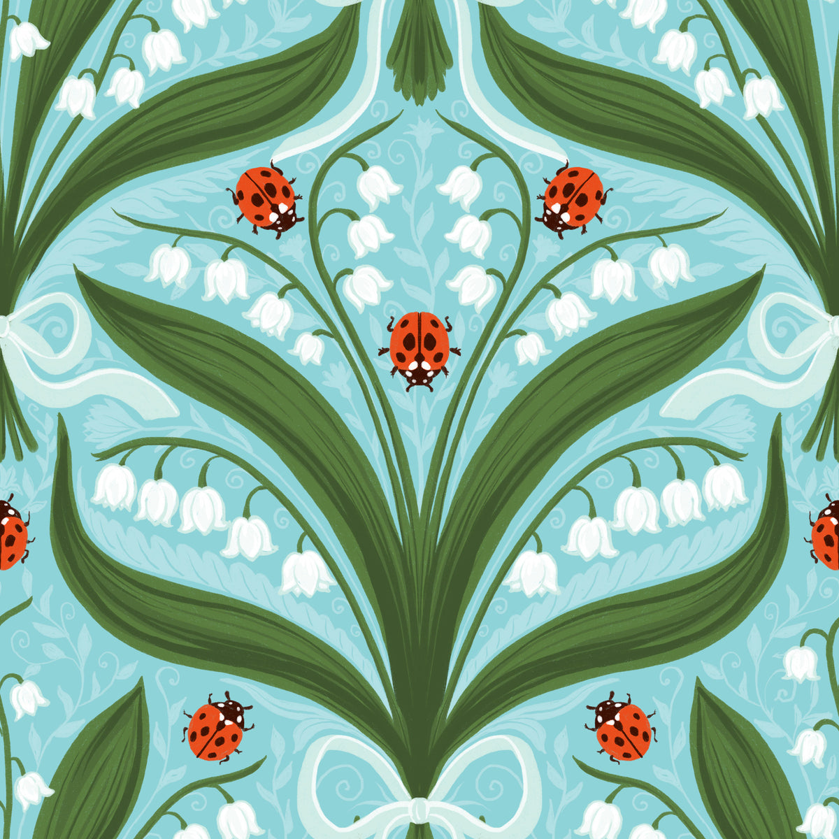 Lily of the valley and ladybugs symmetry in green, white and red 3 Wallpaper⁠ in your room — zoomed