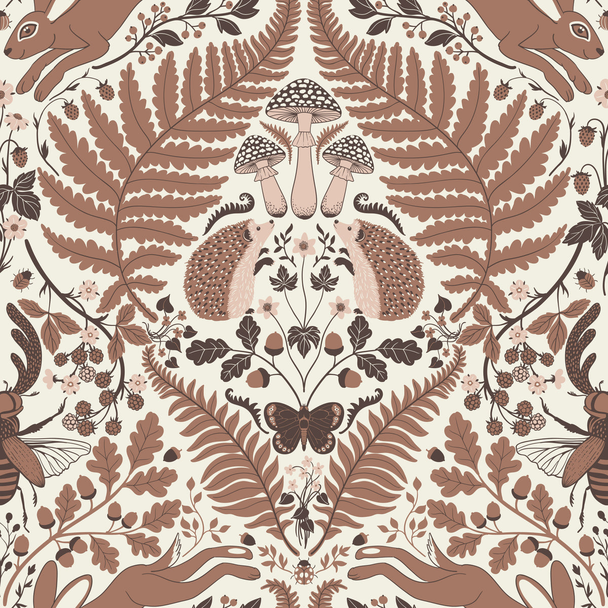 Woodland Whispers/Owls and Squirrels in the Oak/mocha mousse brown and arona blue Wallpaper⁠