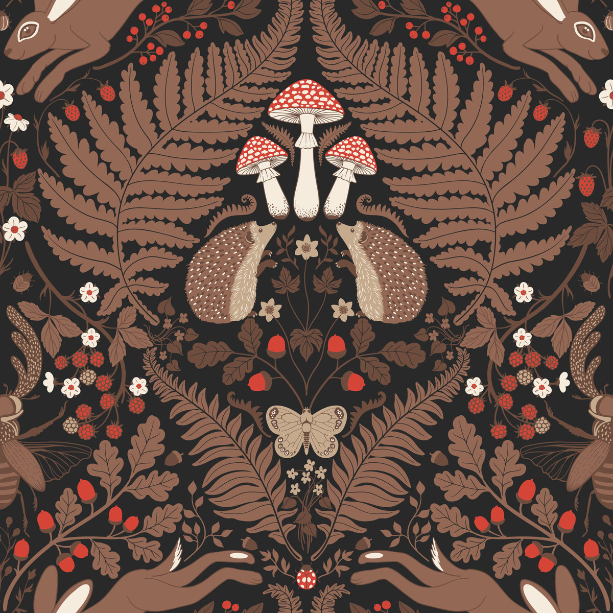 Woodland animals and plants in red and brown Wallpaper⁠