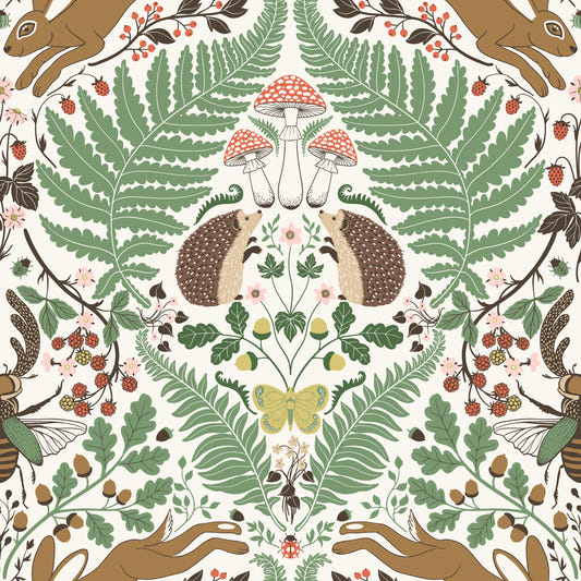 Woodland animals and plants in sage and ochre Wallpaper⁠