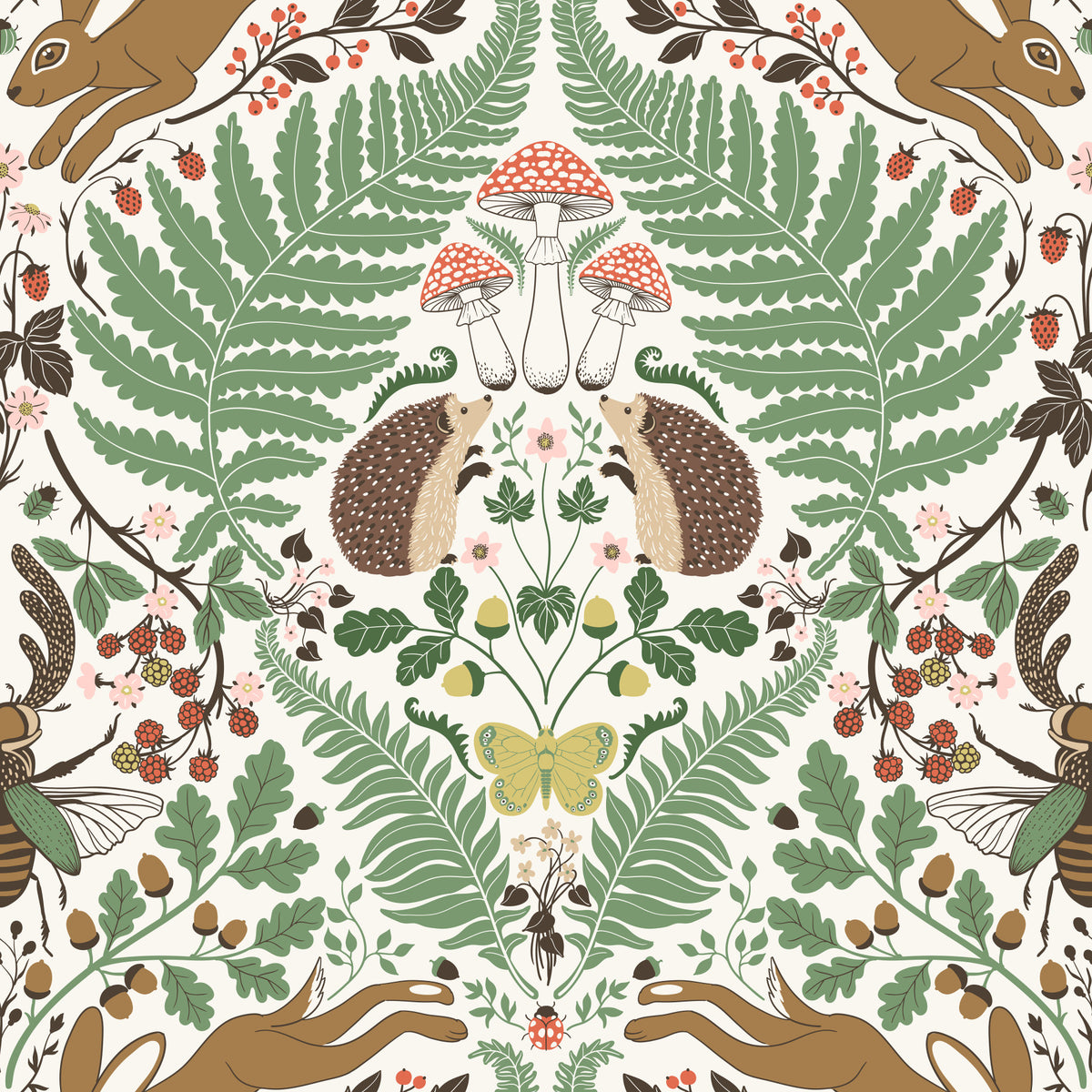 Woodland animals and plants in sage and ochre Wallpaper⁠ in your room — zoomed