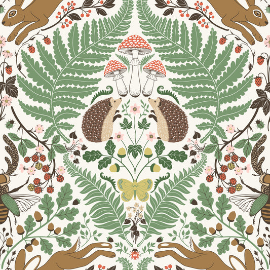 Woodland animals and plants in sage and ochre Wallpaper⁠