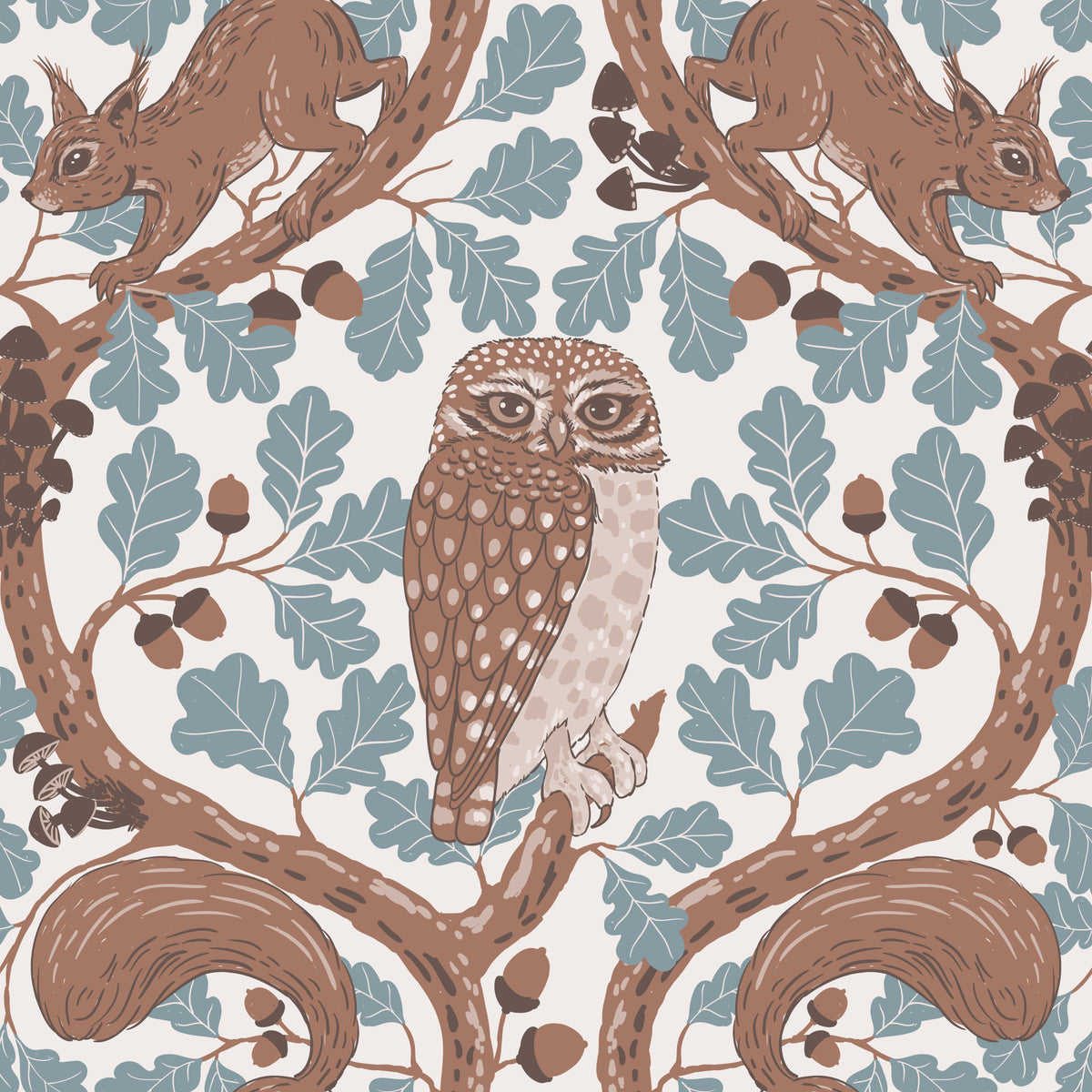Woodland Whispers/Owls and Squirrels in the Oak/mocha mousse and coffee brown Wallpaper⁠