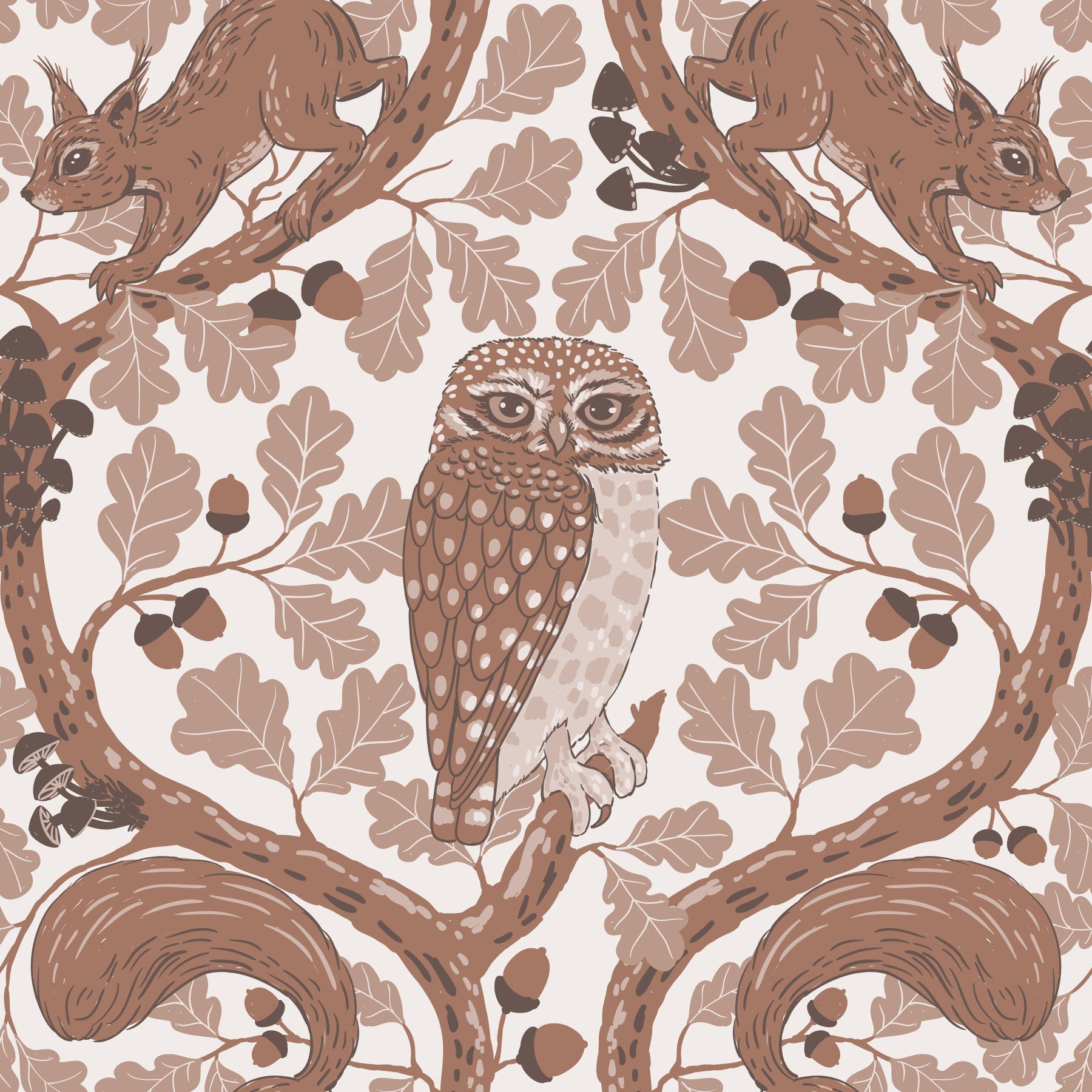 Woodland Whispers/Owls and Squirrels in the Oak/mocha mousse and coffee brown 2 Wallpaper⁠