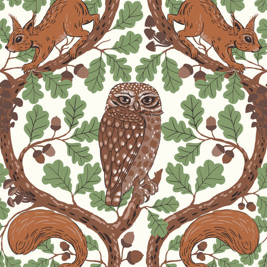 Woodland Whispers/Owls and Squirrels in the Oak/mocha mousse and coffee brown 3 Wallpaper⁠