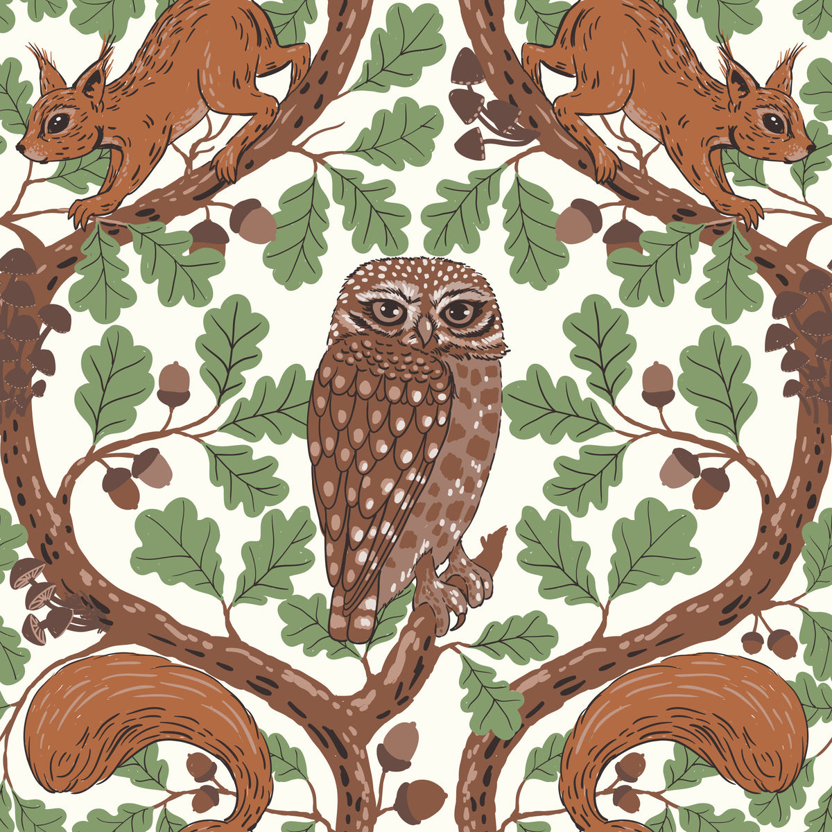 Woodland Whispers/Owls and Squirrels in the Oak/mocha mousse and coffee brown 3 Wallpaper⁠