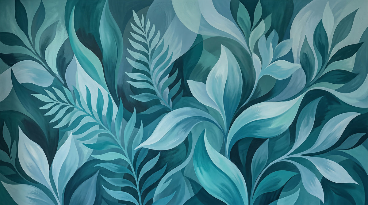 Aqua Serenity Leaves Wall Mural in your room — zoomed