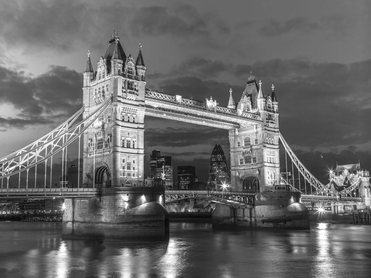 Monochrome London: Tower Bridge Glow Wall Mural in your room — zoomed