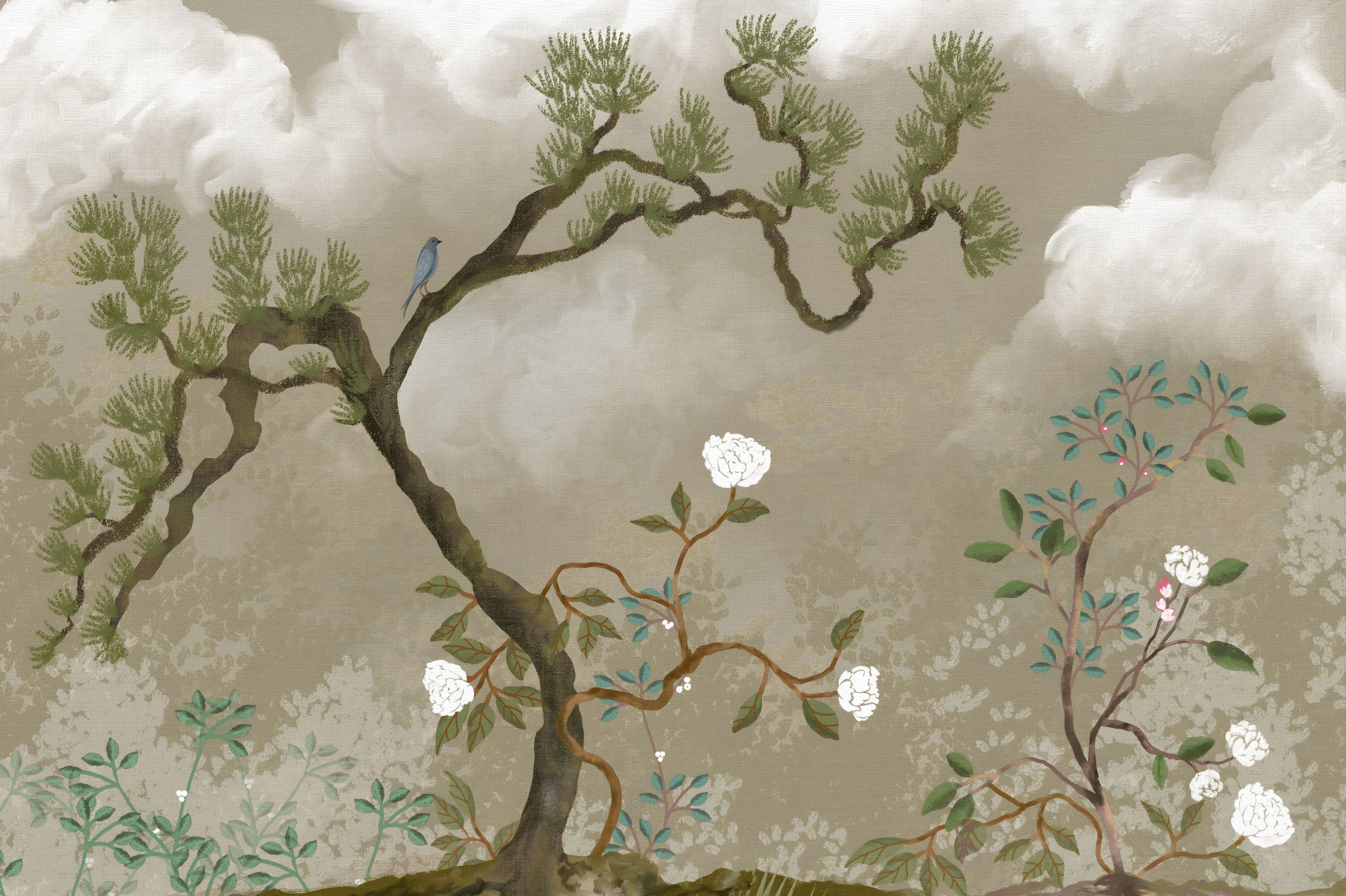 Tranquil Chinoiserie Pine & White Blossom Garden Wall Mural