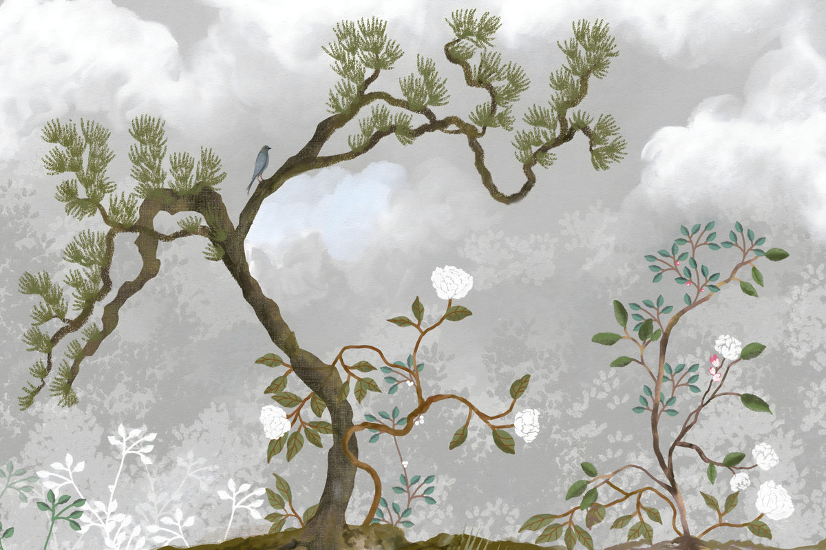 Misty Garden Bloom Chinoiserie Pine white florals Wall Mural