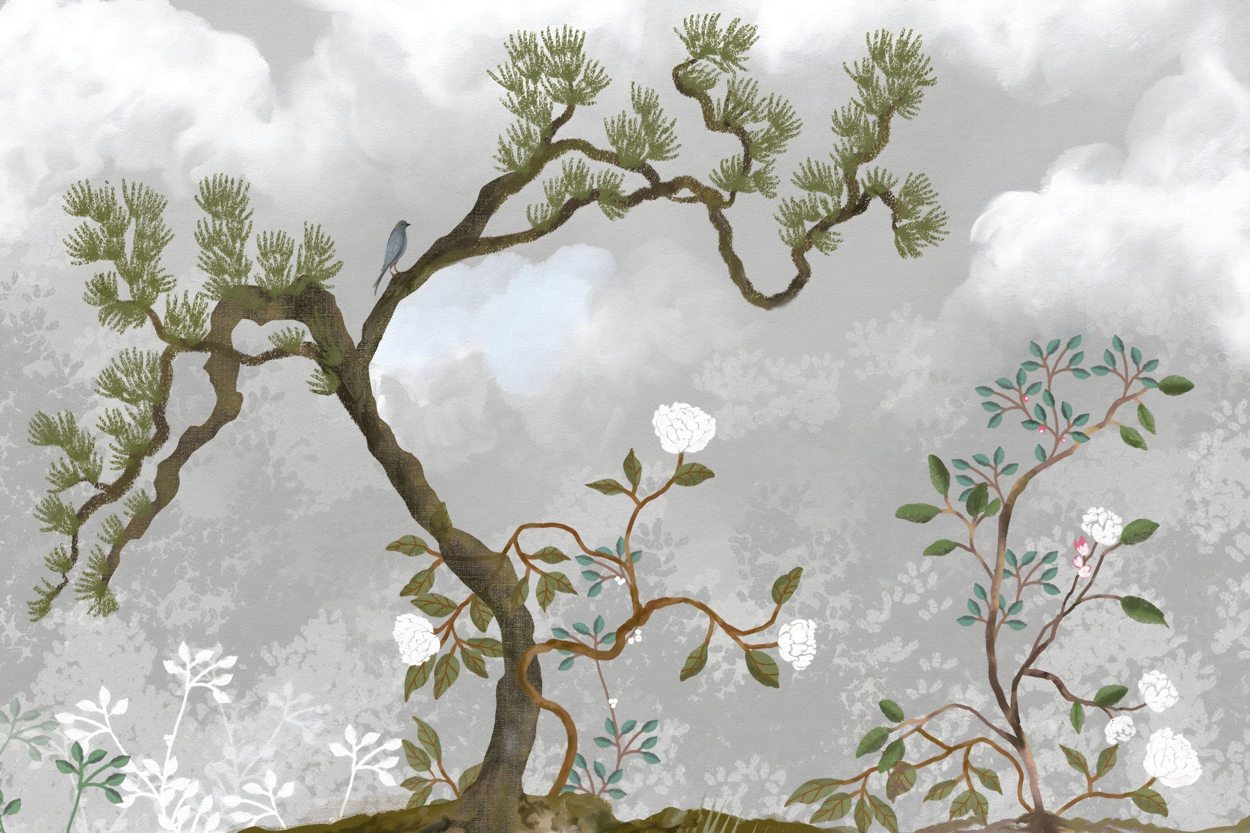 Misty Garden Bloom Chinoiserie Pine white florals Wall Mural