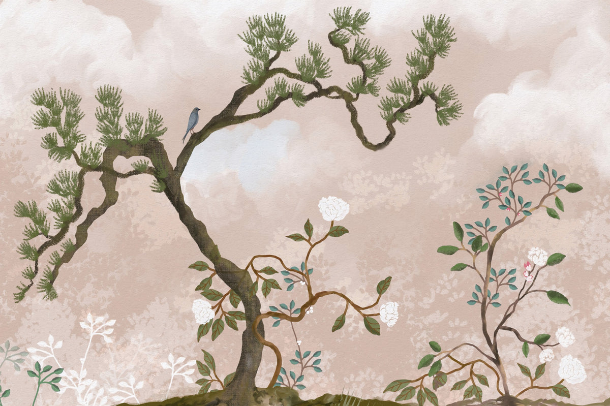 Serene Chinoiserie Garden & Blue Birds Wall Mural