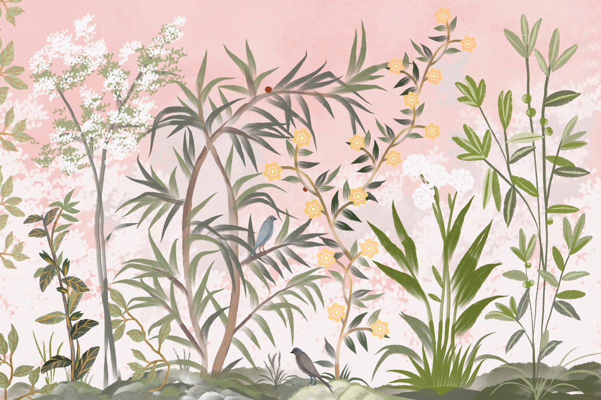 Pink Botanical Serenity Chinoiserie Flowers Trees Wall Mural