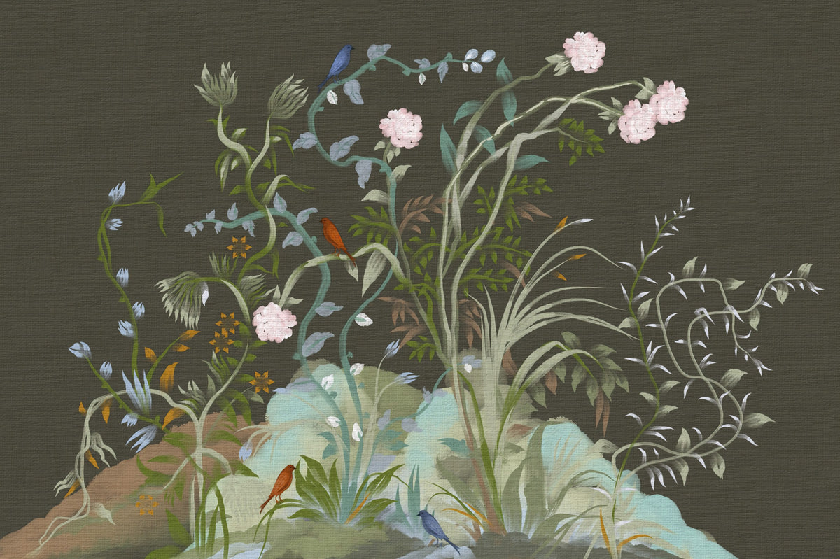 Verdant Vines & Garden Birds Chinoiserie Botanical Landscape Moody Wall Mural in your room — zoomed
