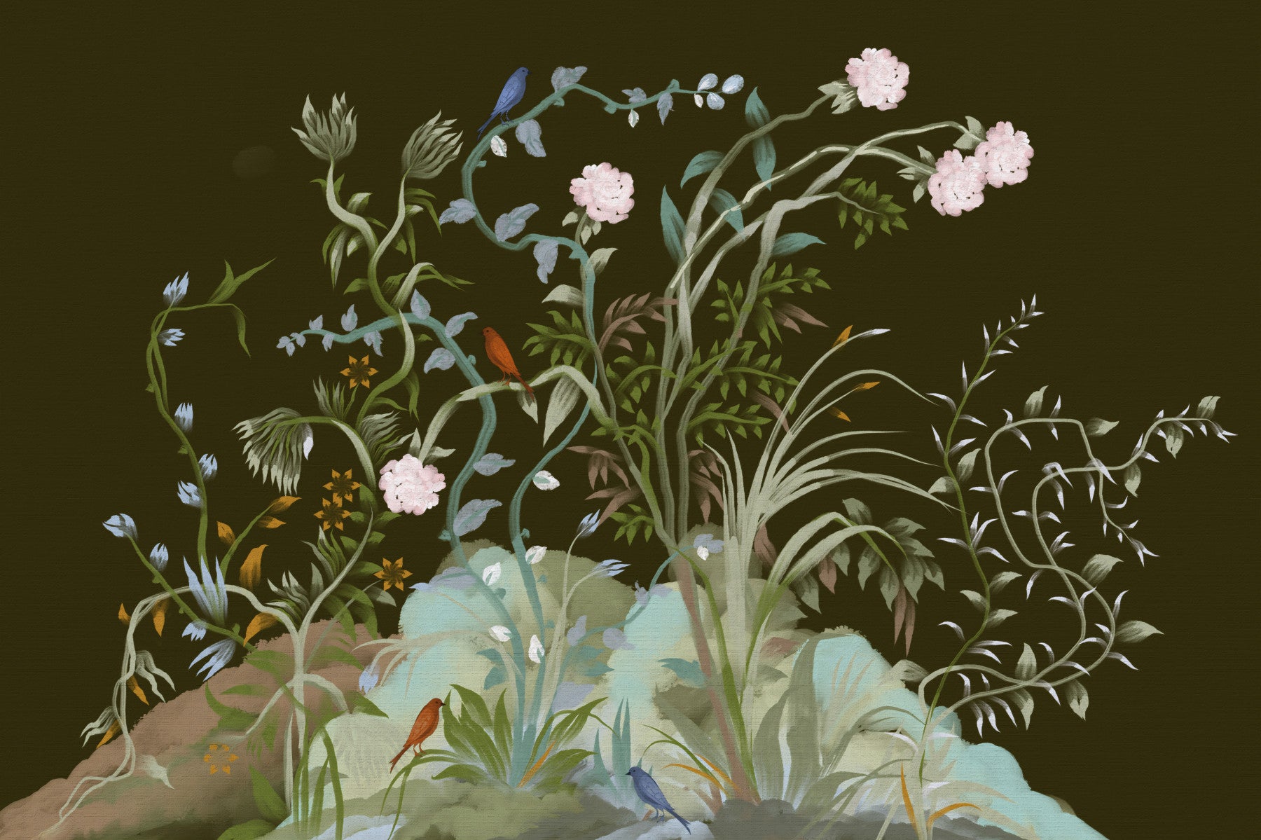 Enchanted Grove Birds Chinoiserie Botanical Flower trees Wall Mural