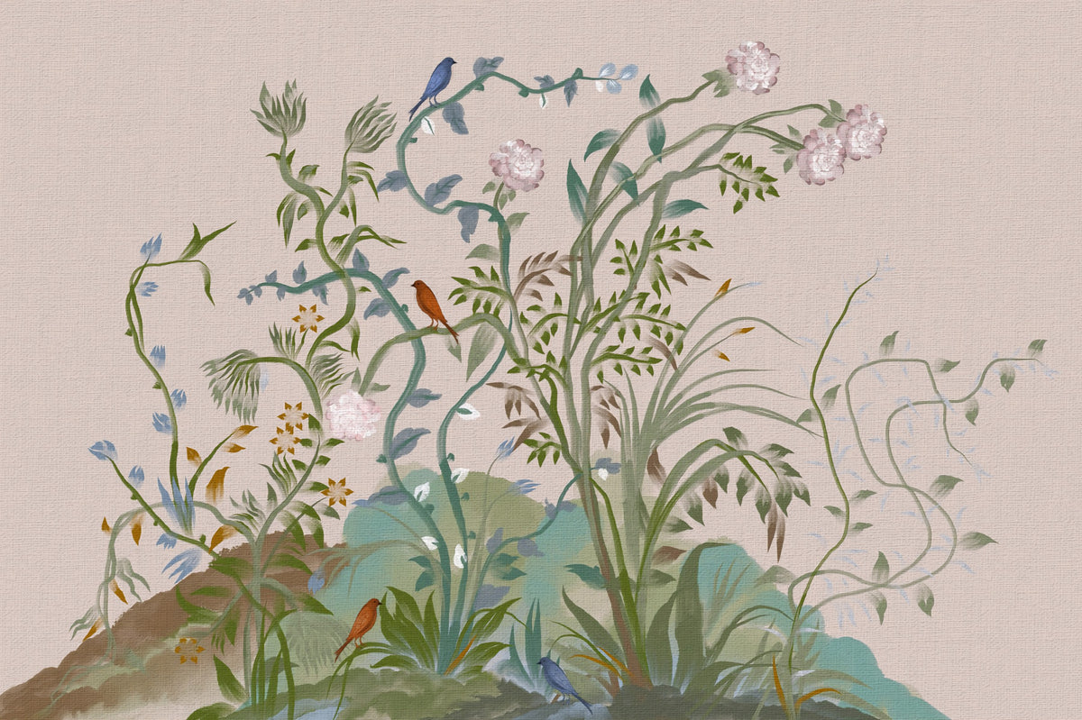 Chinoiserie Japanese Crane Forest Design with Pine Trees, White Floral Blossoms, Soft Cloud Sky, Elegant Oriental Nature  Wall Mural