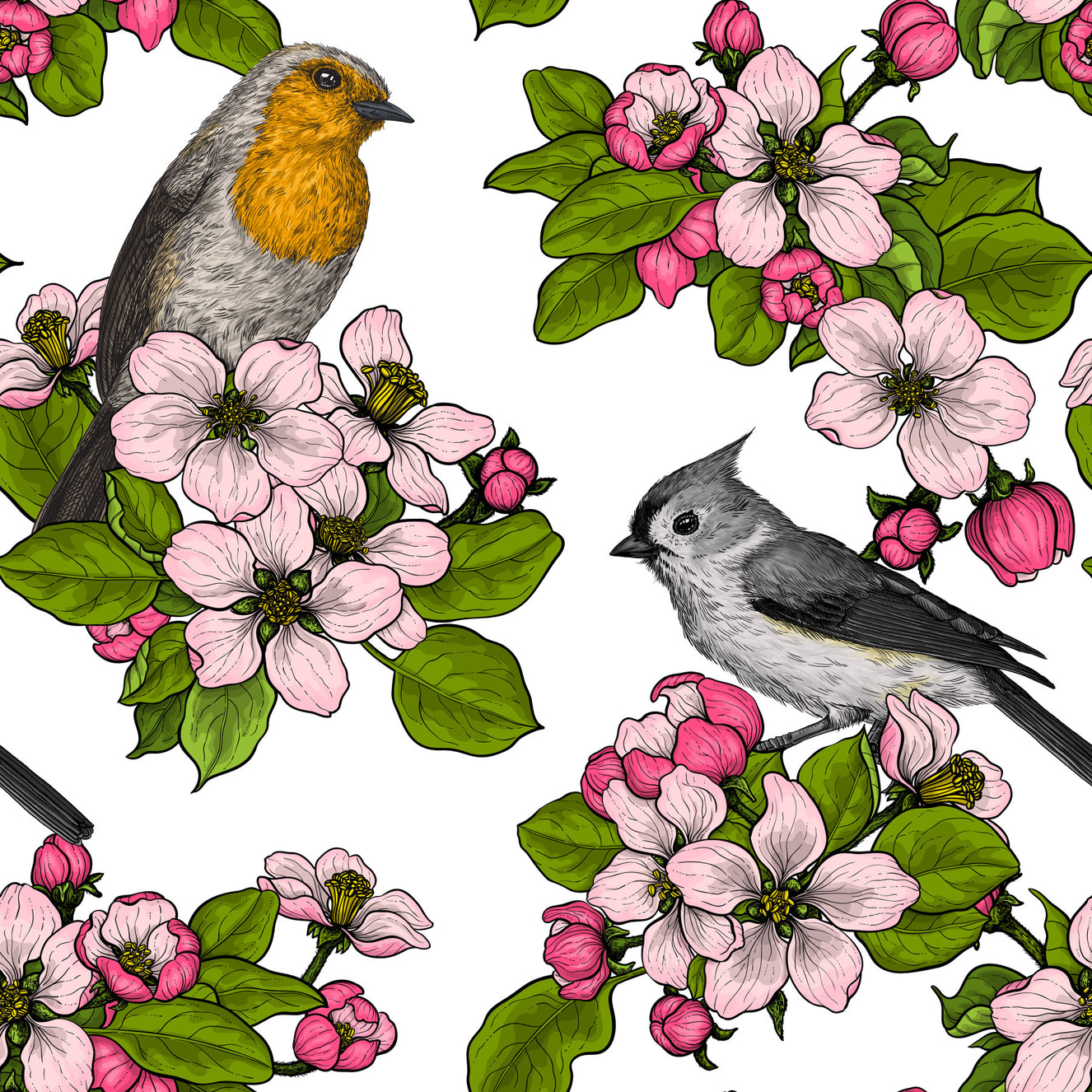 Birds and Blossoms on white 2 Wallpaper⁠