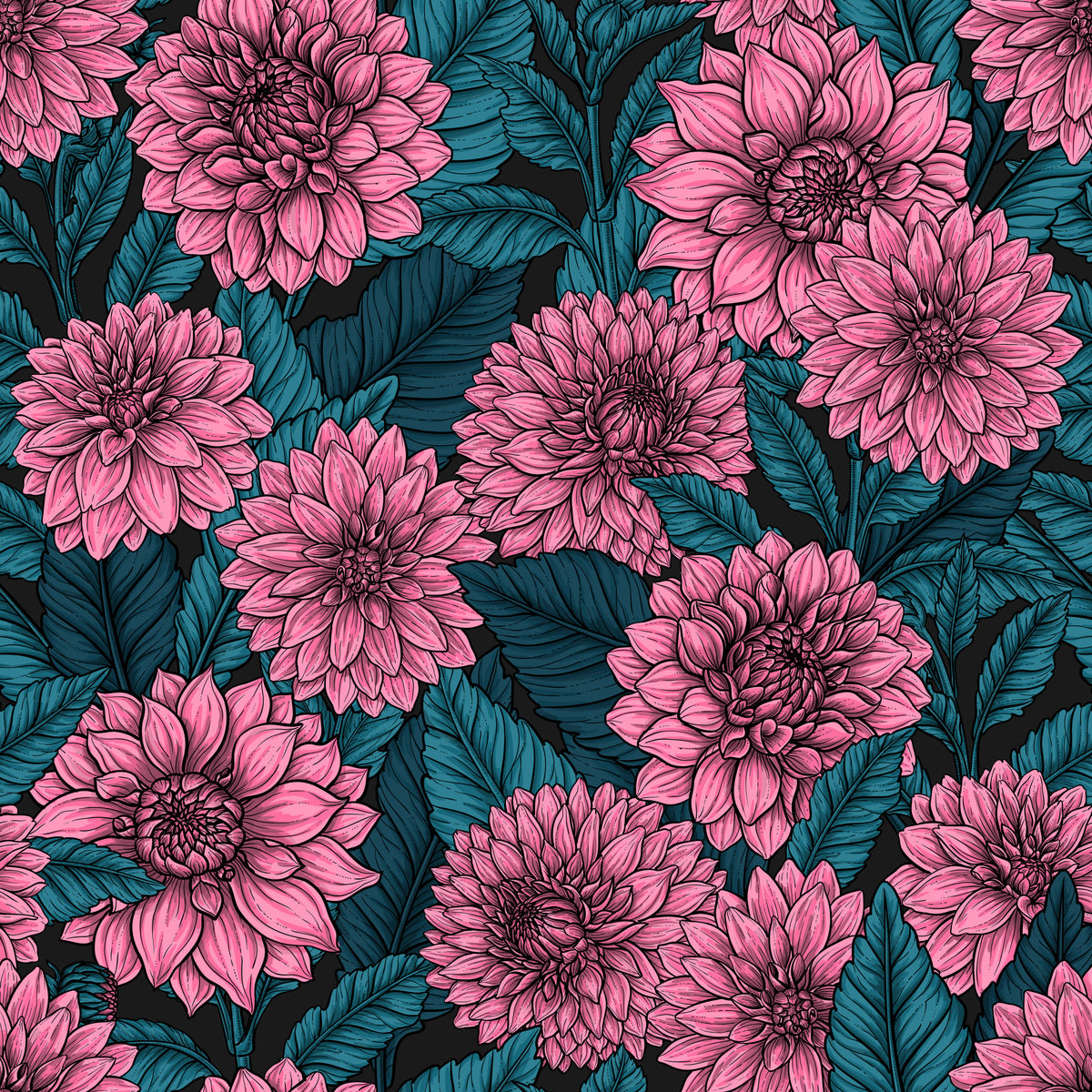 Pink Dahlia garden// blue leaves Wallpaper⁠ in your room — zoomed