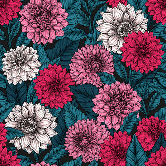 Dahlia garden/pink/red and white flowers/blue leaves Wallpaper⁠